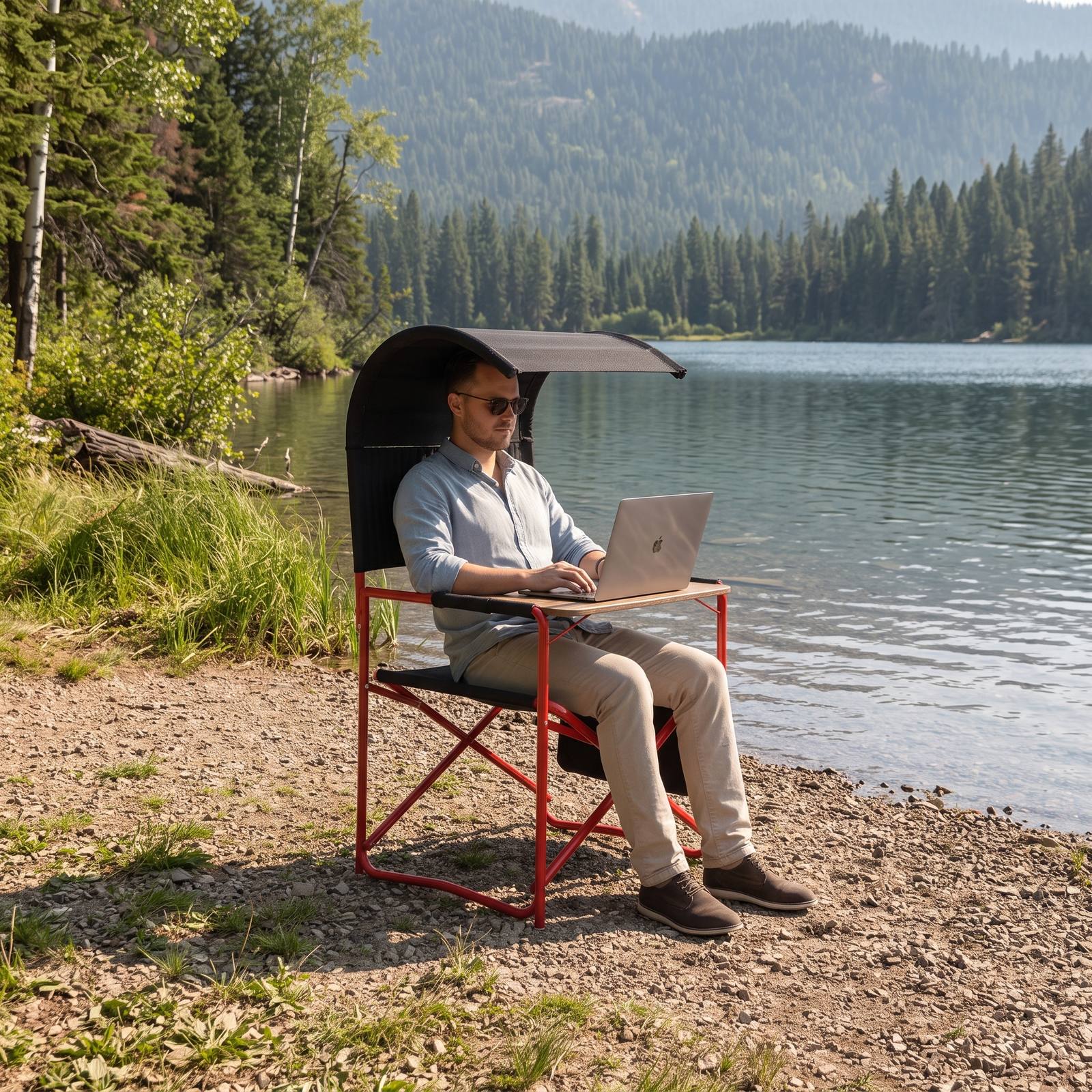 A remote worker using a WanderWorkspace chair and desk on a lakeshore surrounded by forest