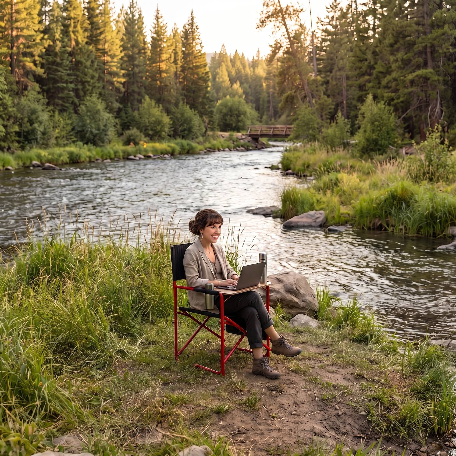 Jolie Downs working outdoors on a WanderWorkspace chair by a river
