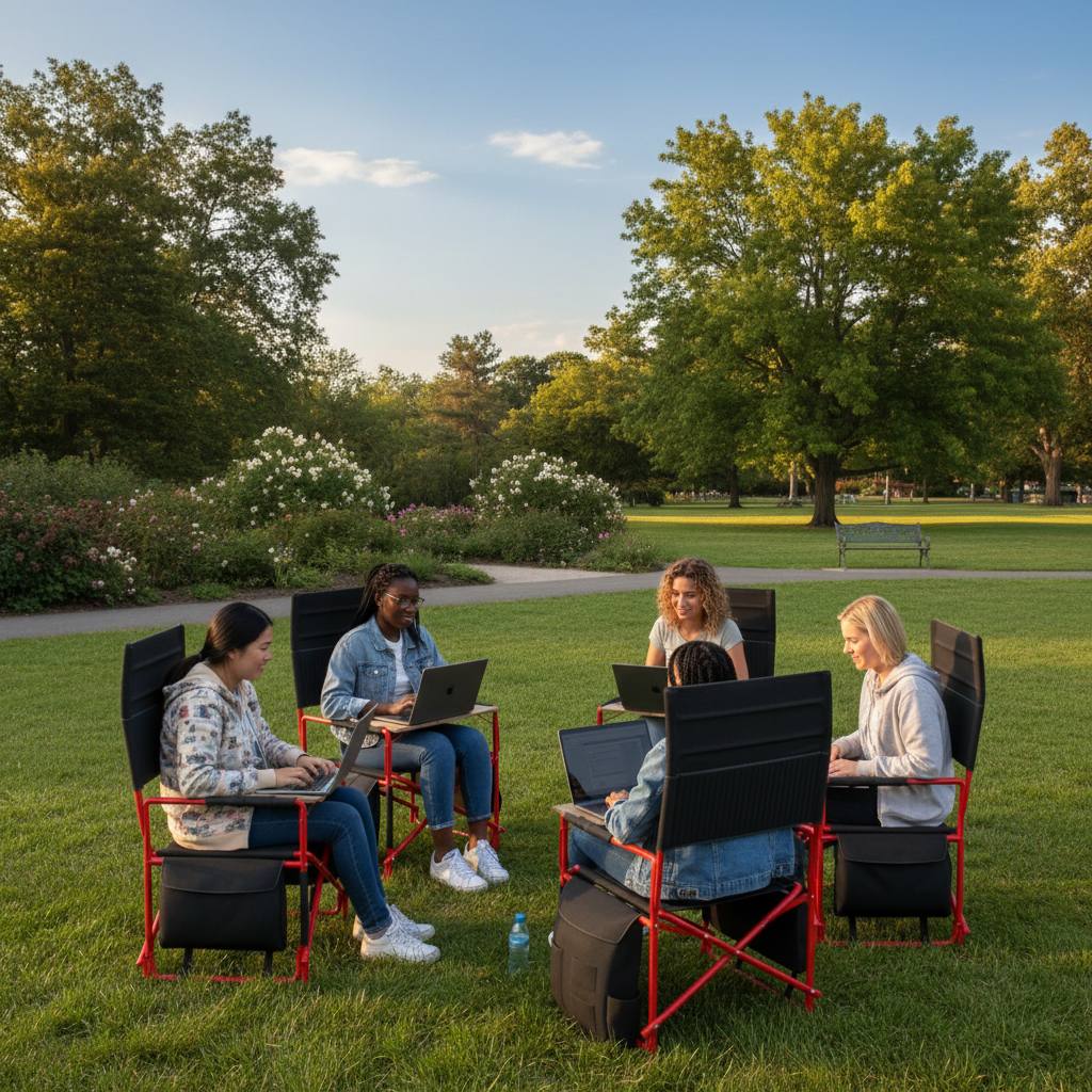 Remote workers using WanderWorkspace portable workstations together in a park