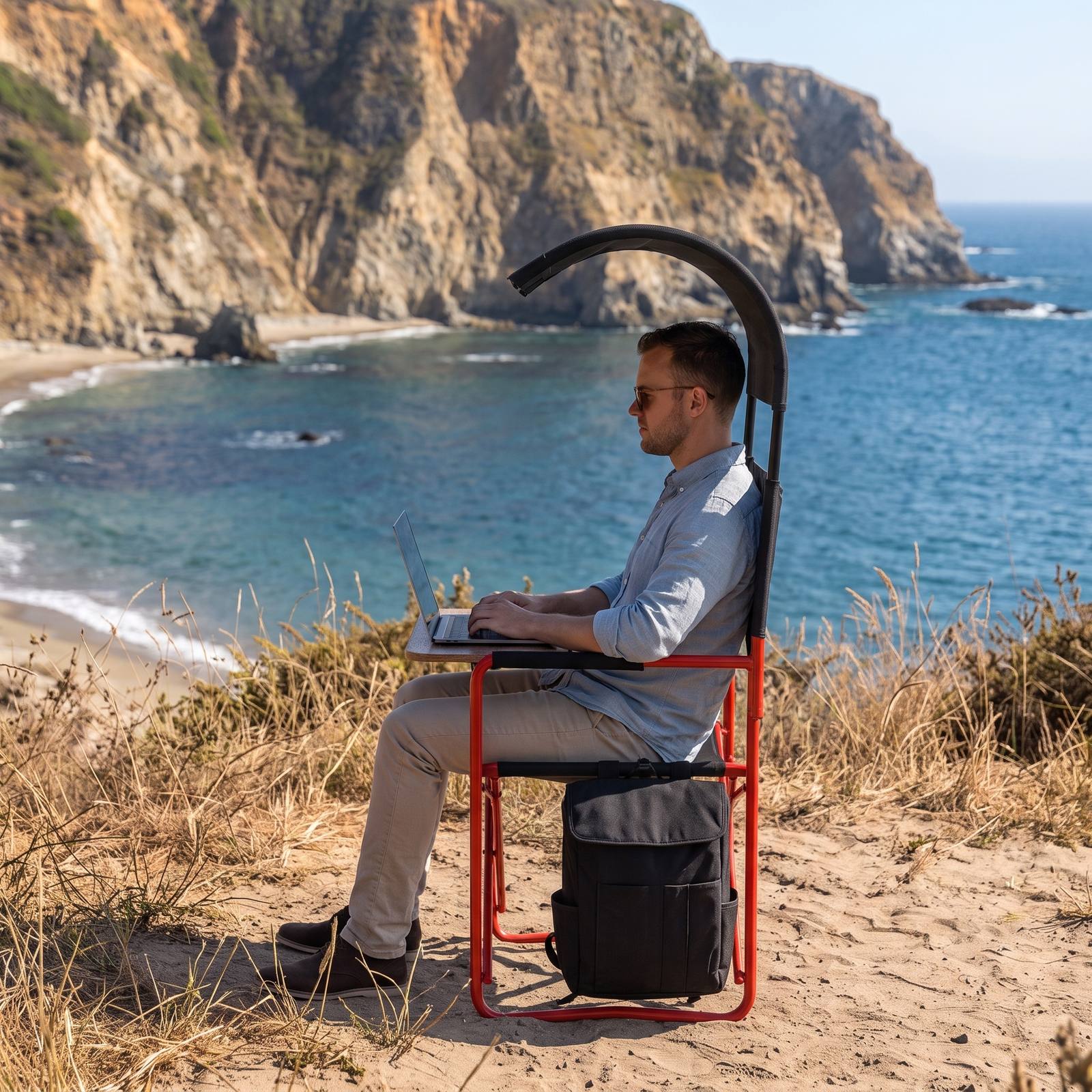Man working on a laptop with a WanderWorkspace chair overlooking the ocean on a coastal cliff